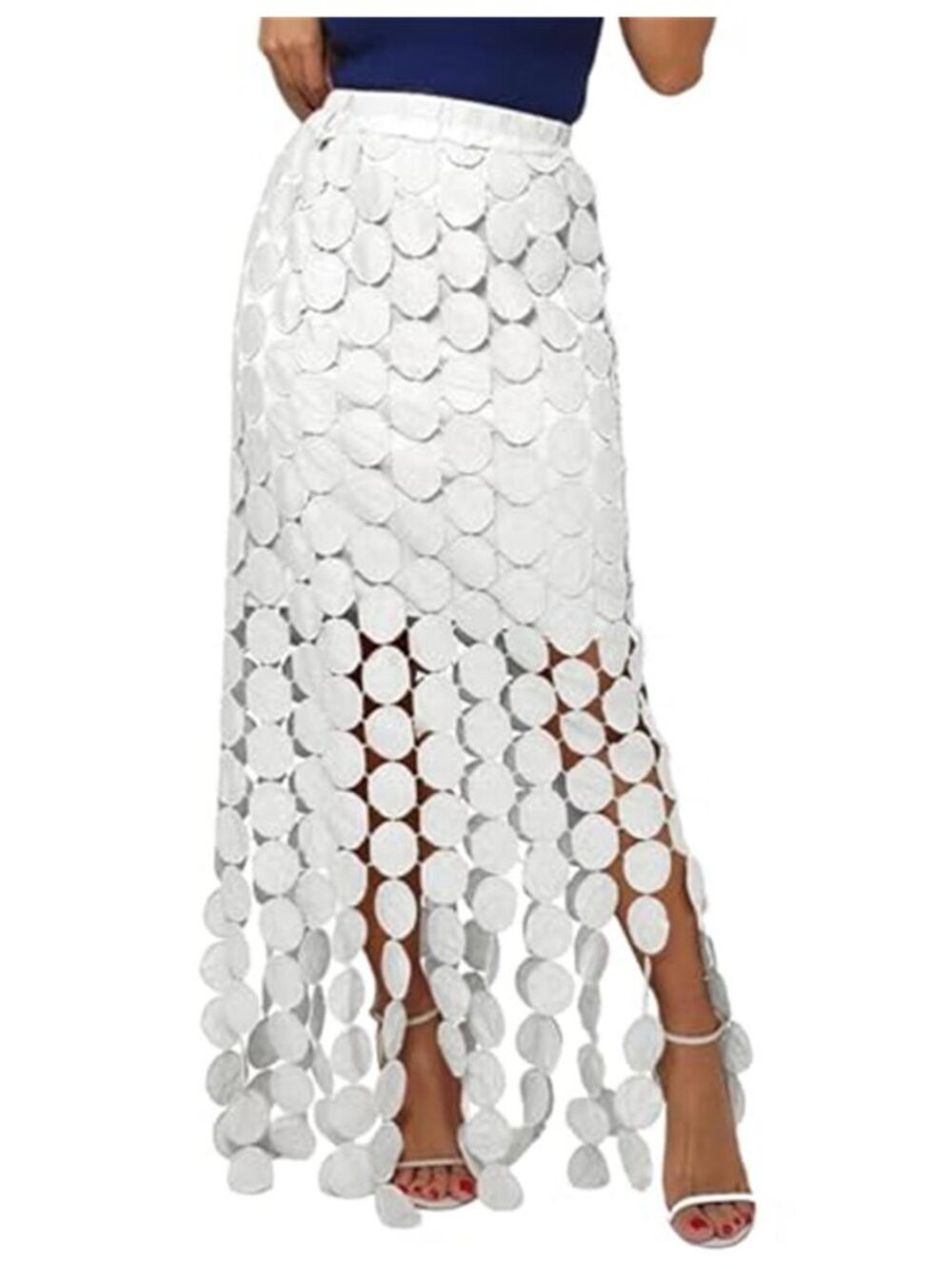Wome Maxi Skirt White Summer Boho Hollow Out Fringe Hem High Waisted Skirt